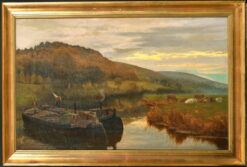 Victorian Oil Painting Barge Boats by Pastoral River Sunset Cattle Grazing