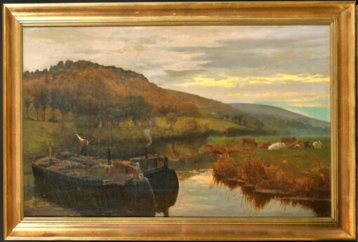 Victorian Oil Painting Barge Boats by Pastoral River Sunset Cattle Grazing