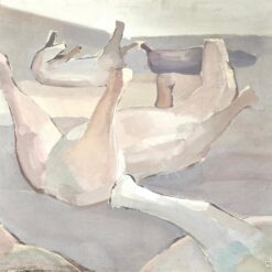 Large 1970’s French Modernist Oil Painting Horses Laying on Backs in Field