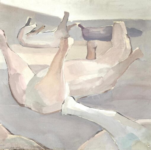 Large 1970’s French Modernist Oil Painting Horses Laying on Backs in Field