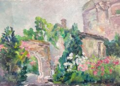 Mid 20th Cent French Post-Impressionist Oil Old Fortress Chateau Flower Gardens