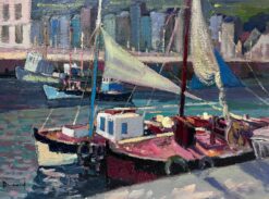 Honfleur Harbour Boats French Impressionist Signed Oil Warm Summer Colors