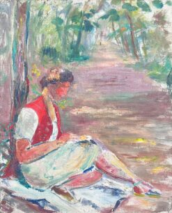 Mid 1900-1999 1950's French Post-Impressionist Oil Girl Reading in Woods