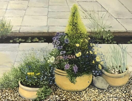 ROY MERRINGTON - FINE ENGLISH LARGE OIL - FLOWERS IN GARDEN POTS