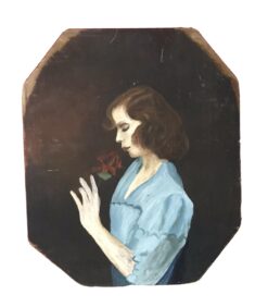 1950's FRENCH PORTRAIT OF YOUNG LADY SMELLING A RED ROSE - OIL ON PANEL