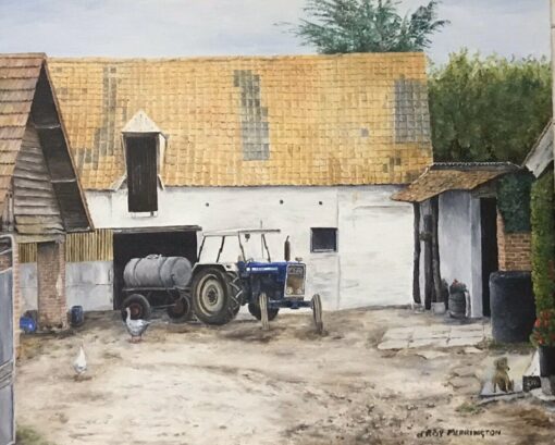 VINTAGE ENGLISH OIL PAINTING - FARMYARD BUILDINGS WITH TRACTOR & CHICKENS