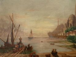 1800-1899 EUROPEAN OIL ON WOOD PANEL - BUSY MERCHANT SHIPPING SUNSET SCENE