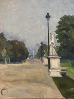 1900-1999 FRENCH OIL PAINTING - CITY STREET SCENE & PARK WITH STATUES