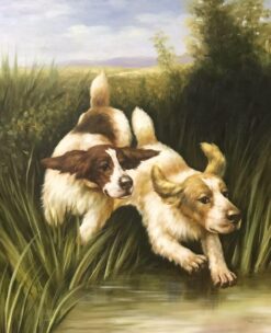SPANIELS CHASING THROUGH REED BEDS - LARGE OIL PAINTING ON CANVAS