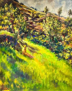 1900-1999 French Post Impressionist Oil Lady in Sunlit Green Meadow Landscape