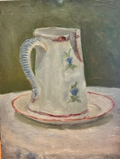 Antique French Impressionist Oil Still Life Jug & Plate in Interior