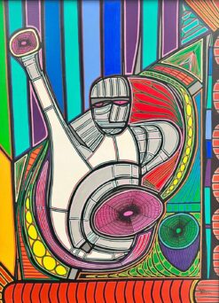 The Yogi 1990’s French Abstract Painting of Yoga Figure Amazing Colors framed