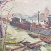 Mid 1900-1999 French Post-Impressionist Oil Barge Boats River Seine Paris