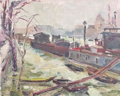 Mid 1900-1999 French Post-Impressionist Oil Barge Boats River Seine Paris