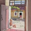 1930's French Impressionist Man Sat in Pink Stone House Door Frame