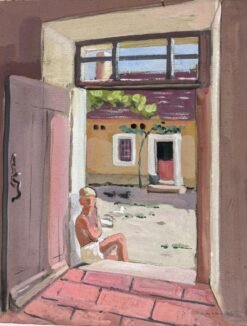 1930's French Impressionist Man Sat in Pink Stone House Door Frame