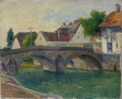 Mid 1900-1999 1950's French Oil Old French Town with Arched Stone Bridge
