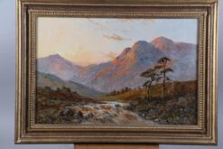 Scottish Highlands River Valley at Sunset, signed antique oil painting