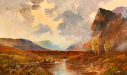 Antique Scottish Oil Painting Goatfell, Isle of Arran, Highlands River Glen