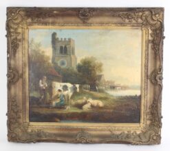 Early Victorian Oil Painting Cow Milking On A Riverbank with Church Beyond