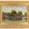 Antique English Oil Painting River Scene Figure in Old Punt by British Town