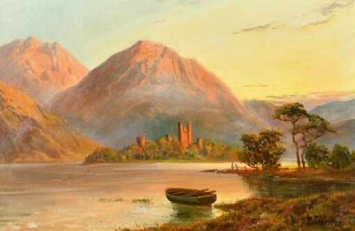Kilchurn Castle, Loch Awe, signed antique oil painting Radiant Sunset Scotland