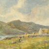 Antique Scottish Watercolour, Figure Walking towards Crofters Cottage