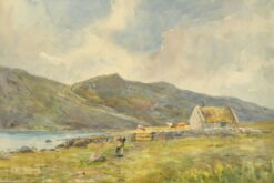 Antique Scottish Watercolour, Figure Walking towards Crofters Cottage