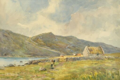 Antique Scottish Watercolour, Figure Walking towards Crofters Cottage