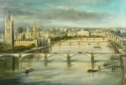 The London Skyline viewed from River Thames above its Bridges, original oil