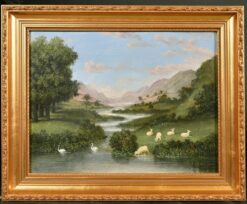 1800-1899 Provincial School Oil Painting River Landscape with Sheep and Swans