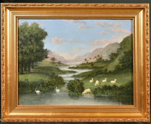 1800-1899 Provincial School Oil Painting River Landscape with Sheep and Swans