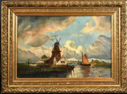 Antique Dutch Oil Painting Windmill under Windswept Skies Large Gilt Frame