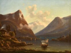 1800-1899 German Lake Landscape Signed Oil Boats at Dusk