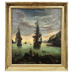 Huge European Antique Oil Painting Merchants & Ships in Ancient Trading Port