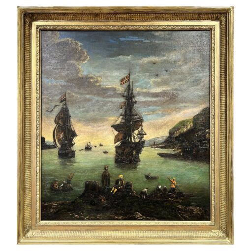 Huge European Antique Oil Painting Merchants & Ships in Ancient Trading Port