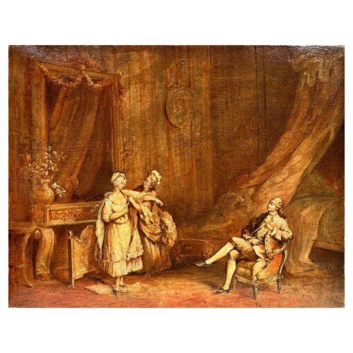 1800's French Oil Painting Elegant Rococo Period Interior Figures Lady Dressing