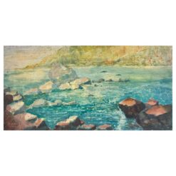 1970's Modern British Impressionist Oil Painting Spanish Coastal Blue Sea Rocks