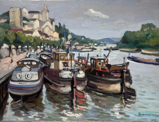Contemporary French Impressionist Oil Boats Moored on River Quay City View
