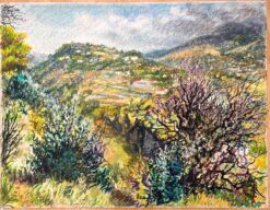 Mid Century French Original Pastel Painting of a Vibrant Hillside Landscape