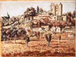 Mid Century French Original Pastel Painting of a Village with a Castle