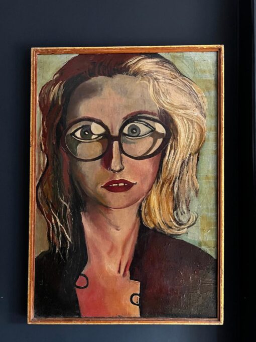 The Girl With The Glasses 1960's Stylised Portrait Signed Oil Painting