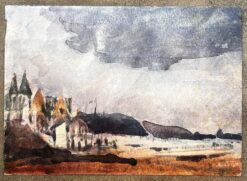 French Impressionist Watercolor Landscape Castle Overlooking The Bay