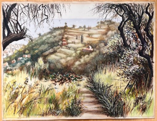 Mid Century French Original Pastel Painting of a Coastal Hillside