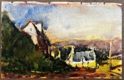 French Impressionist Watercolor Landscape Village Scene Upon a Hilltop