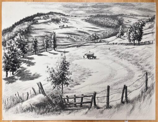 Mid Century French Original Ink Drawing of a Rural Landscape with Hay Wagon