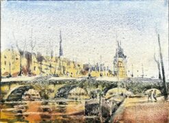 French Impressionist Watercolor Landscape River Seine Bridge In The Rain Paris