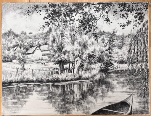 Mid Century French Original Ink Drawing of a Riverside Scene with Boat