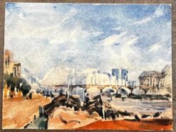 French Impressionist Watercolor Landscape River Seine Bridge Landscape