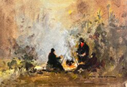 British Mid 1900-1999 Impressionist Painting Travellers round the Camp Fire